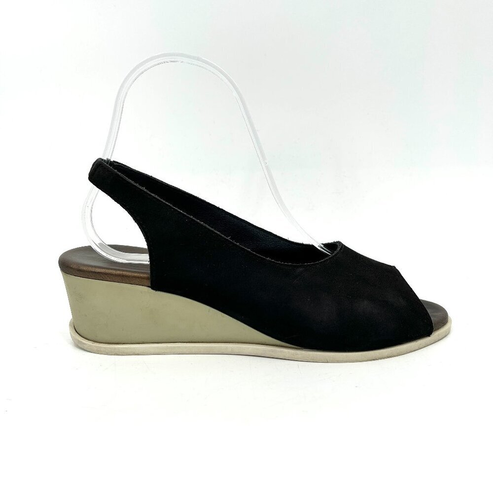 ARCHE Suryli Black Suede Sling Back Peep Toe Wedge Pump Heels Sandals Shoes 6.5